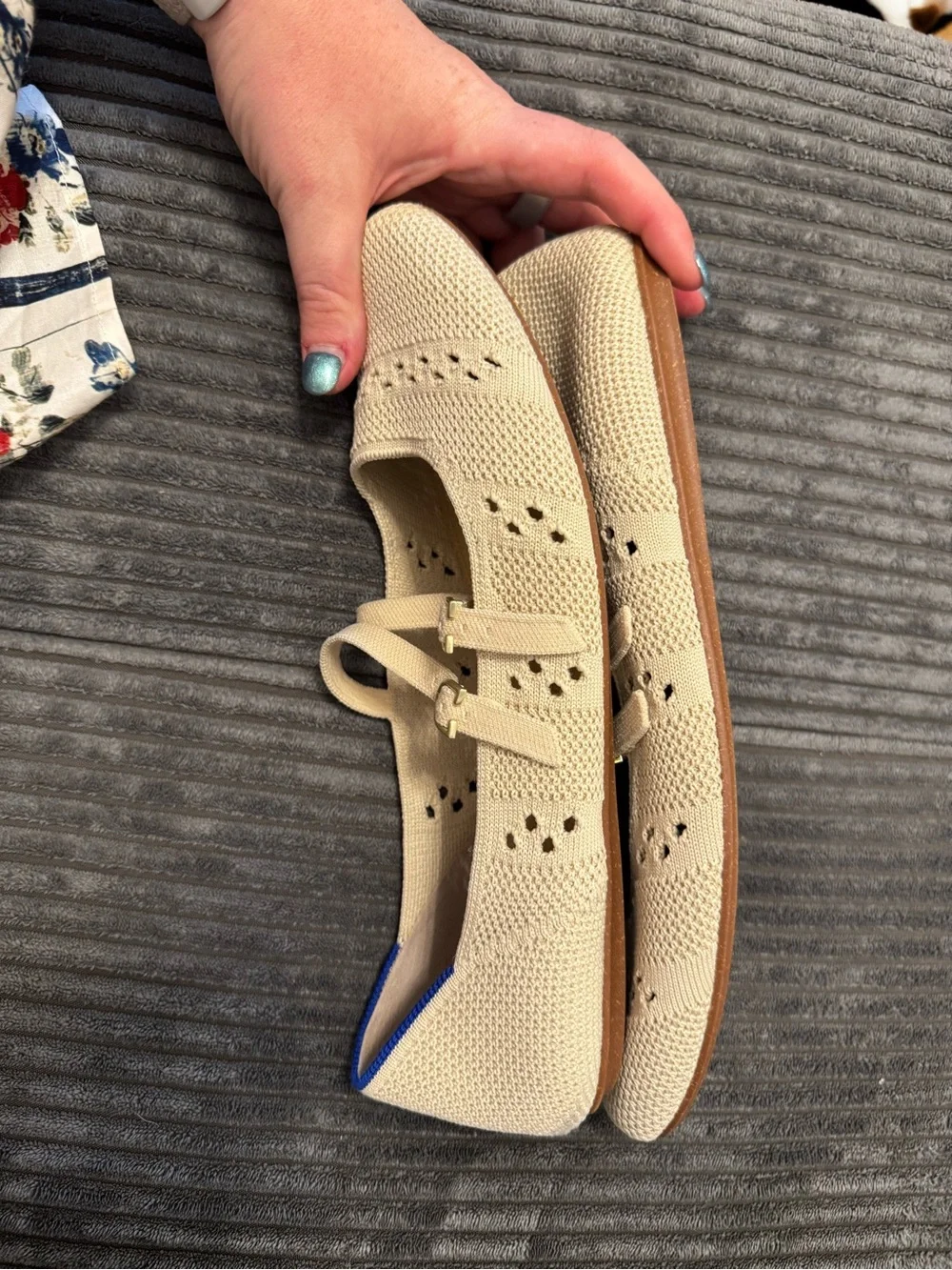Rothy's Cream Knit Double-Strap Ballet Flats with Gold Buckles